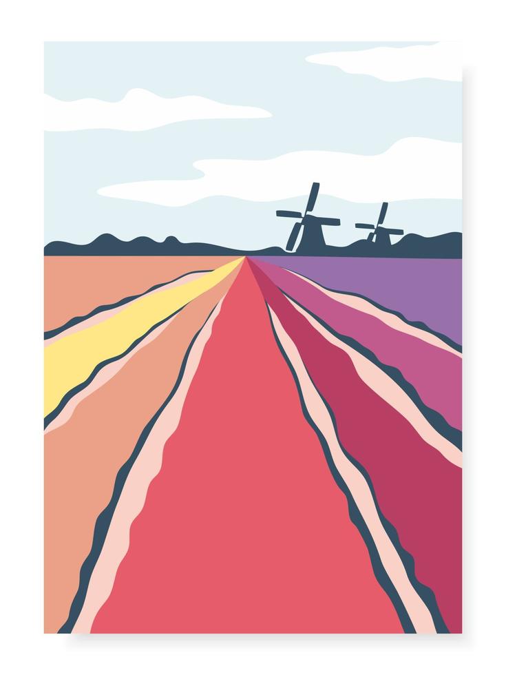 afiche con molinos y campos de tulipanes abstractos dibujados a mano. paisaje de países bajos. vector