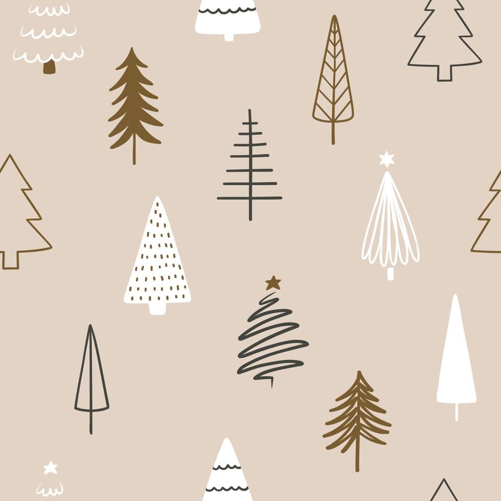 Christmas season vector seamless pattern with fir trees and gift boxes.