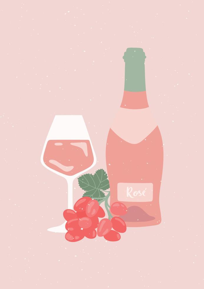 Retro poster with Rose Wine bottle, glass of wine and grape. vector