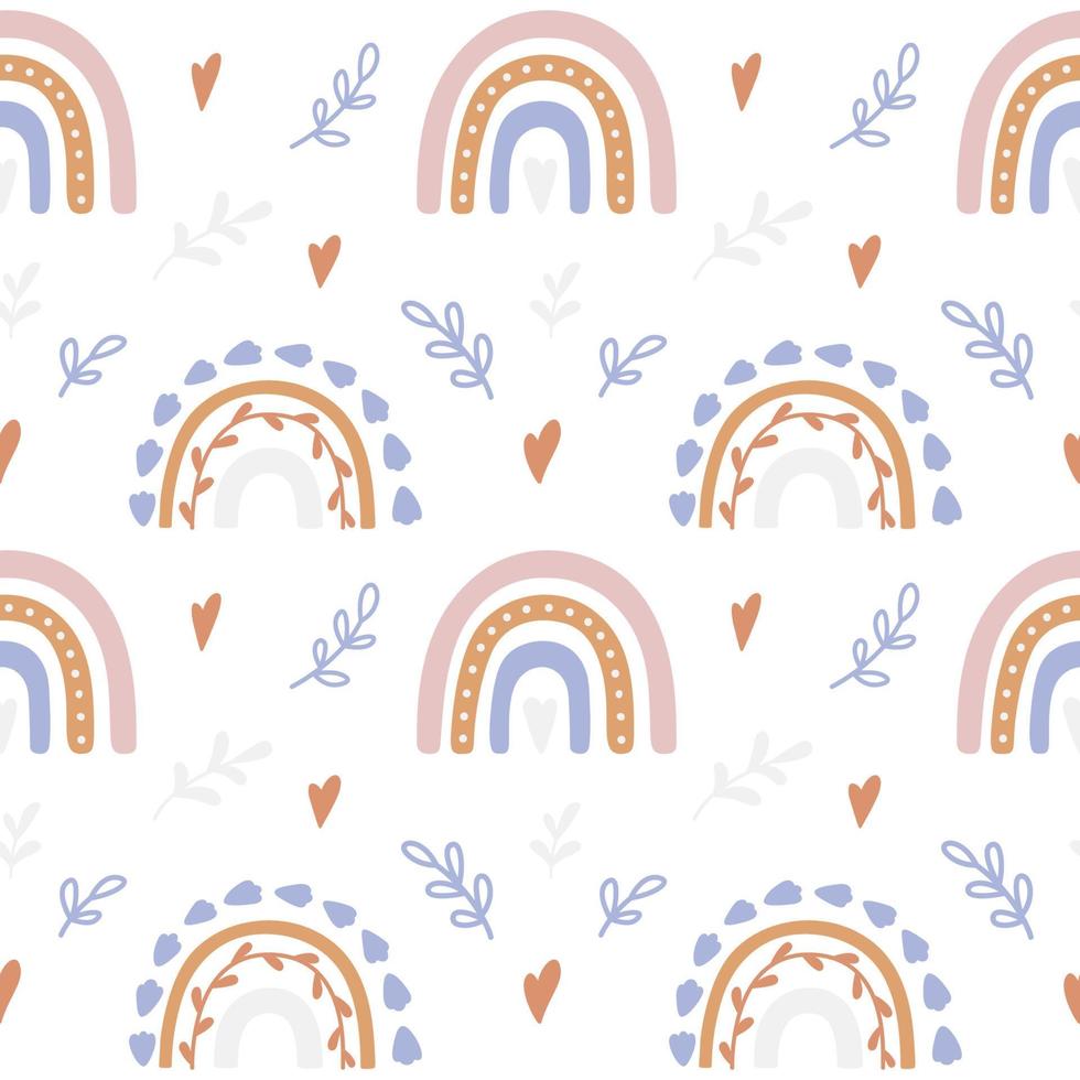 Trendy hand drawn print with rainbow in Boho style. vector