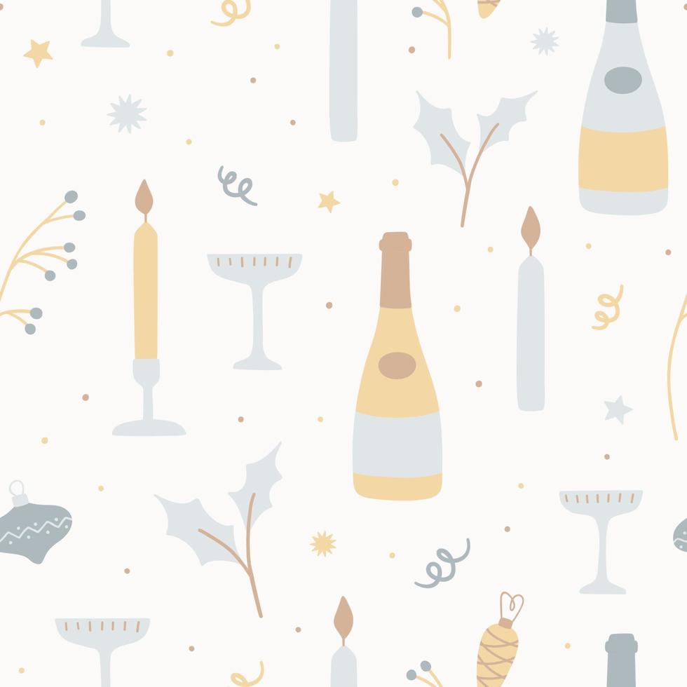 Seamless pattern with champagne bottles, glasses, fir tree branches and decorative elements. vector