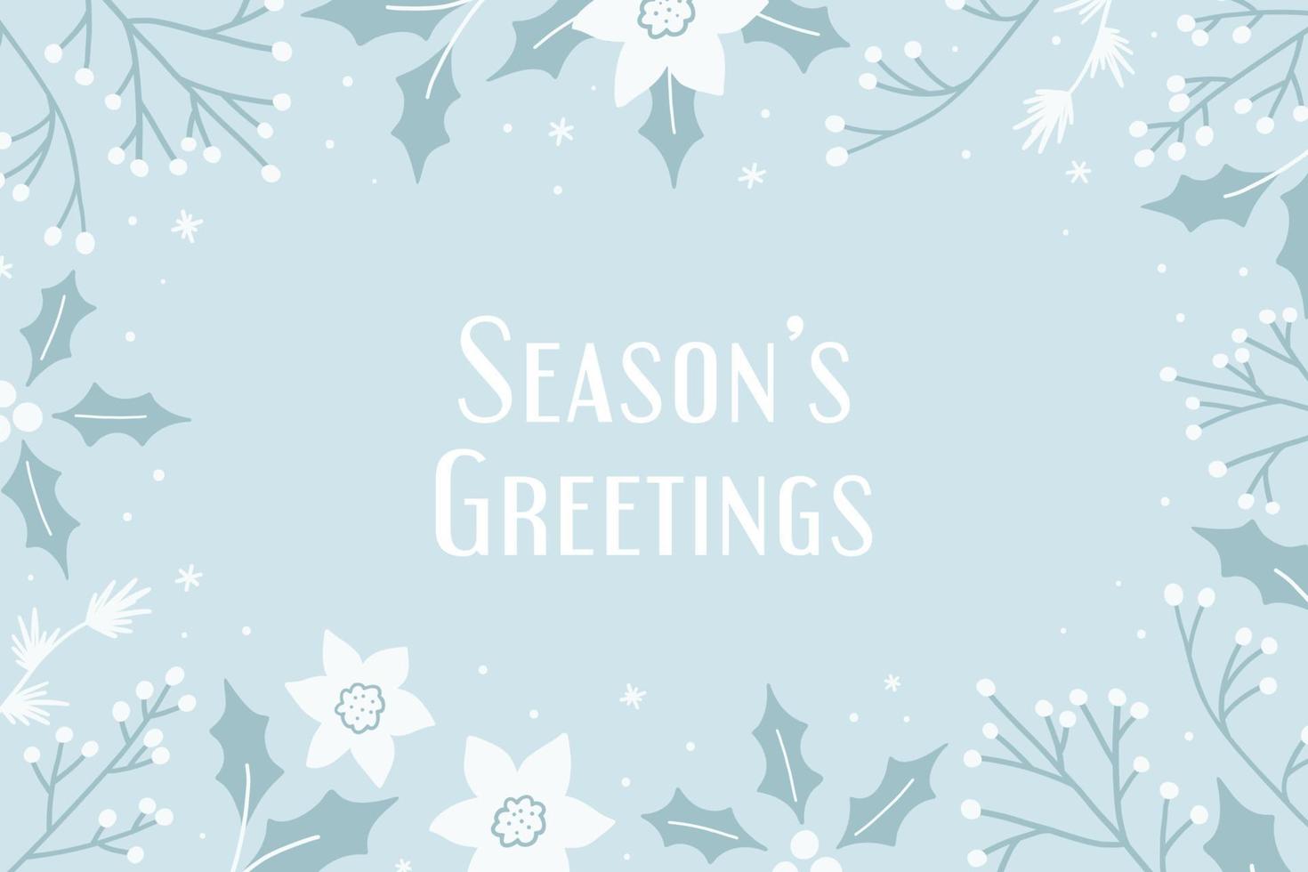 Vector Xmas banner. Text Season's greetings on blue background with decorative frame.