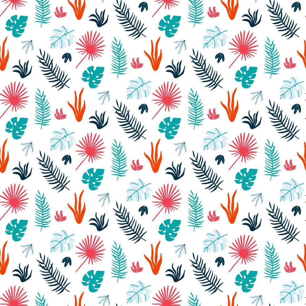 Colorful summer print with tropical leaves. Vector seamless pattern for fabric, wrapping, textile, wallpaper, etc.