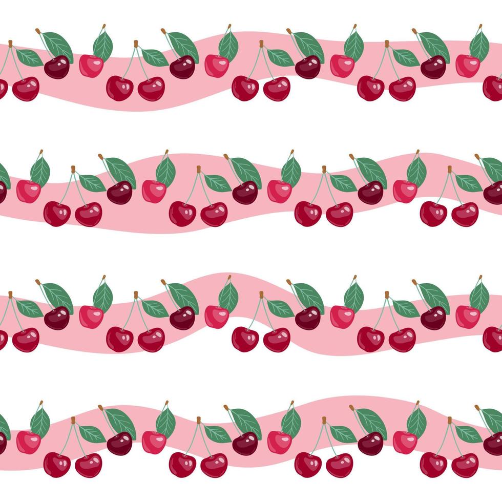 Seamless pattern with beauty cherries on striped background. Vector wallpaper. Perfect for fabric,  backdrop, wrap, etc.