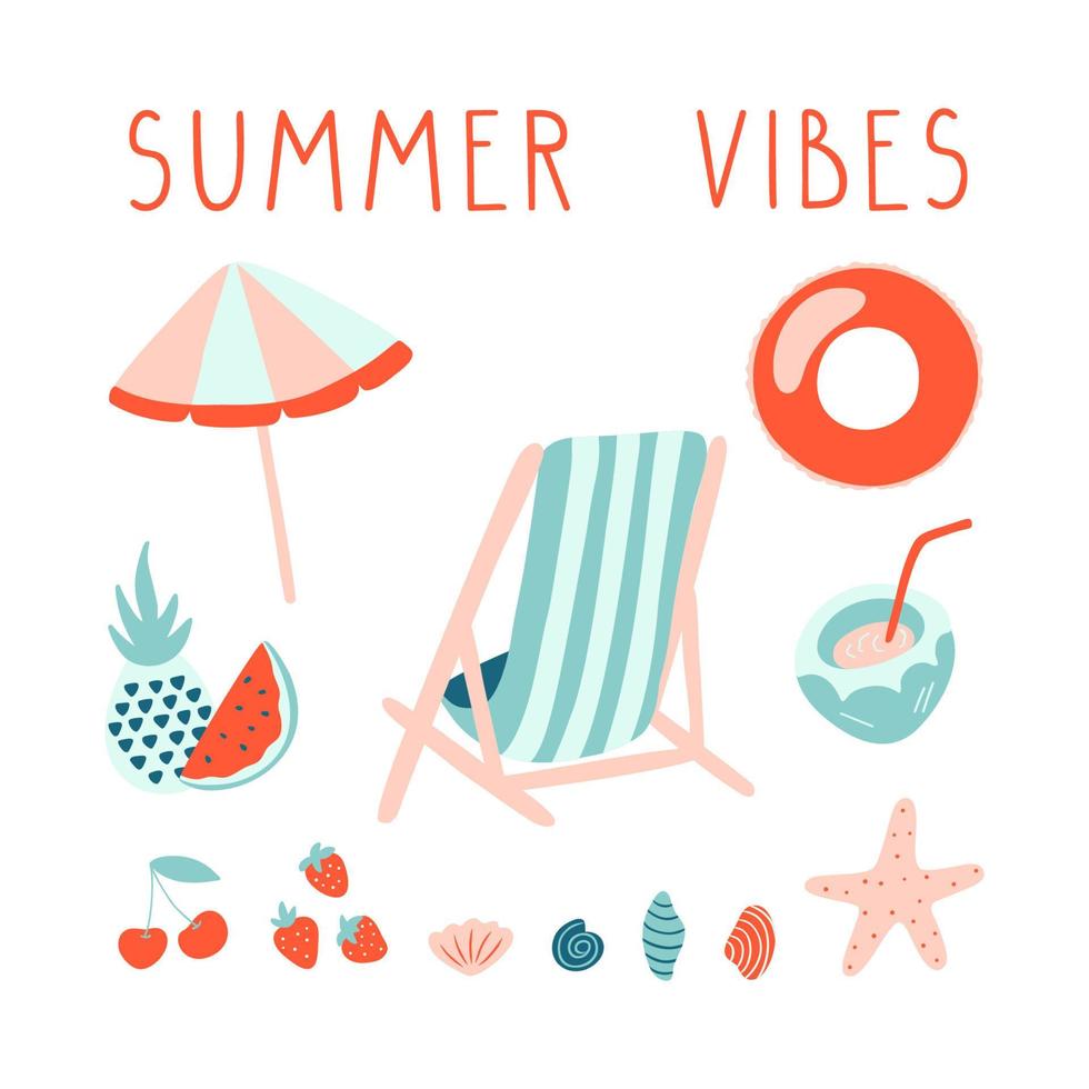 Minimal summer illustration set with lettering. Beach collection. Vector template.