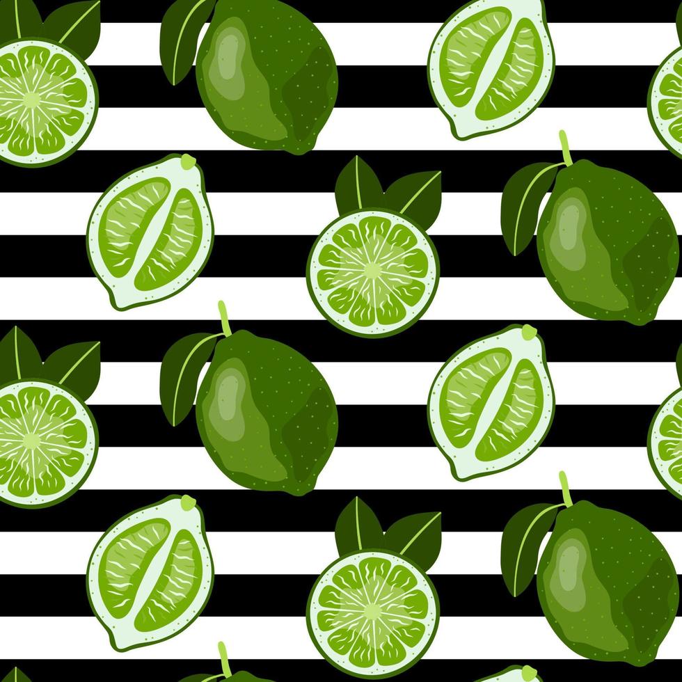 Seamless pattern with whole and sliced limes. Bright green Citrus
