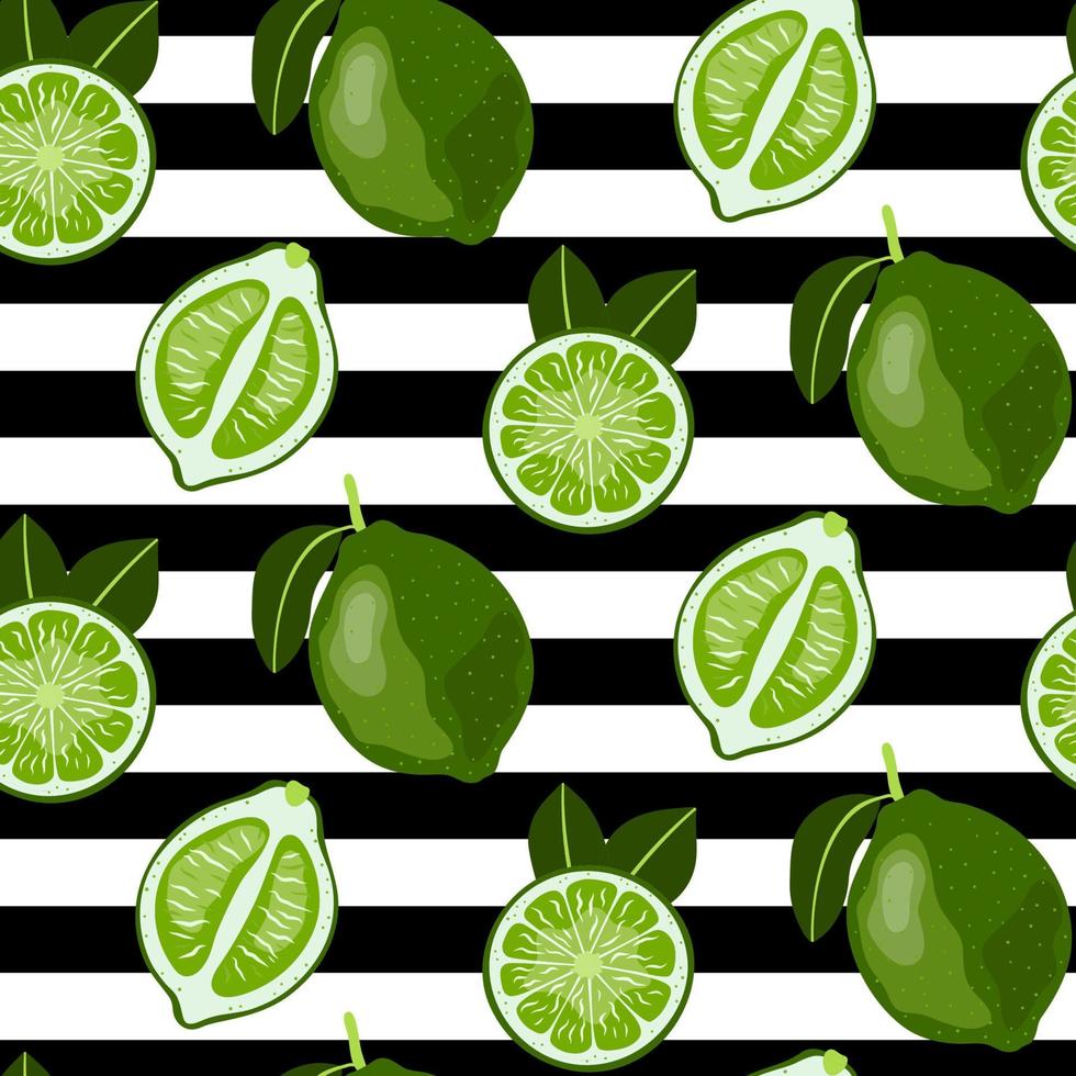 Seamless pattern with whole and sliced limes. Bright green Citrus. Vector wallpaper.