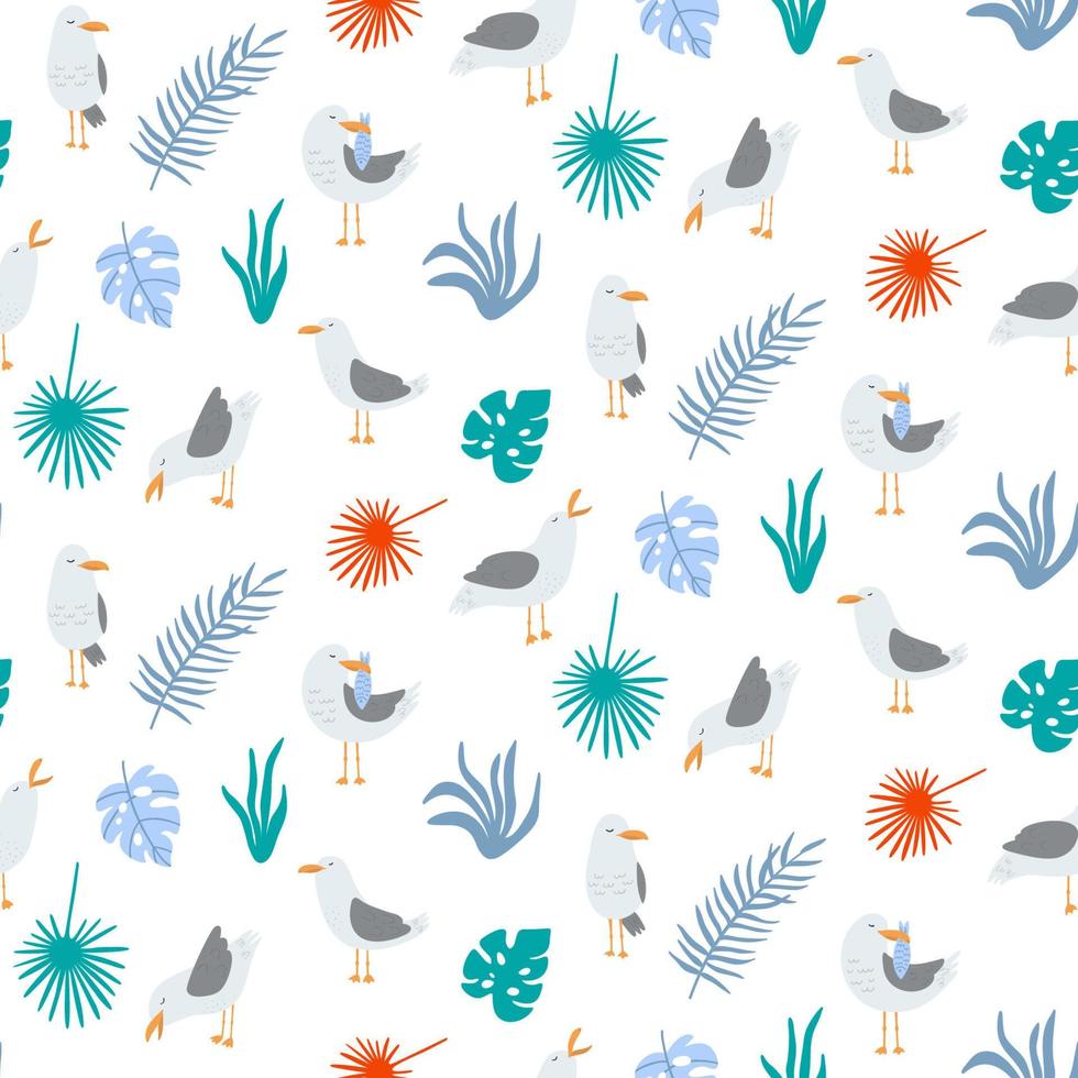 Summer seamless pattern with seagulls in vector. Cute cartoon seagulls and tropical leaves. Good for print. vector