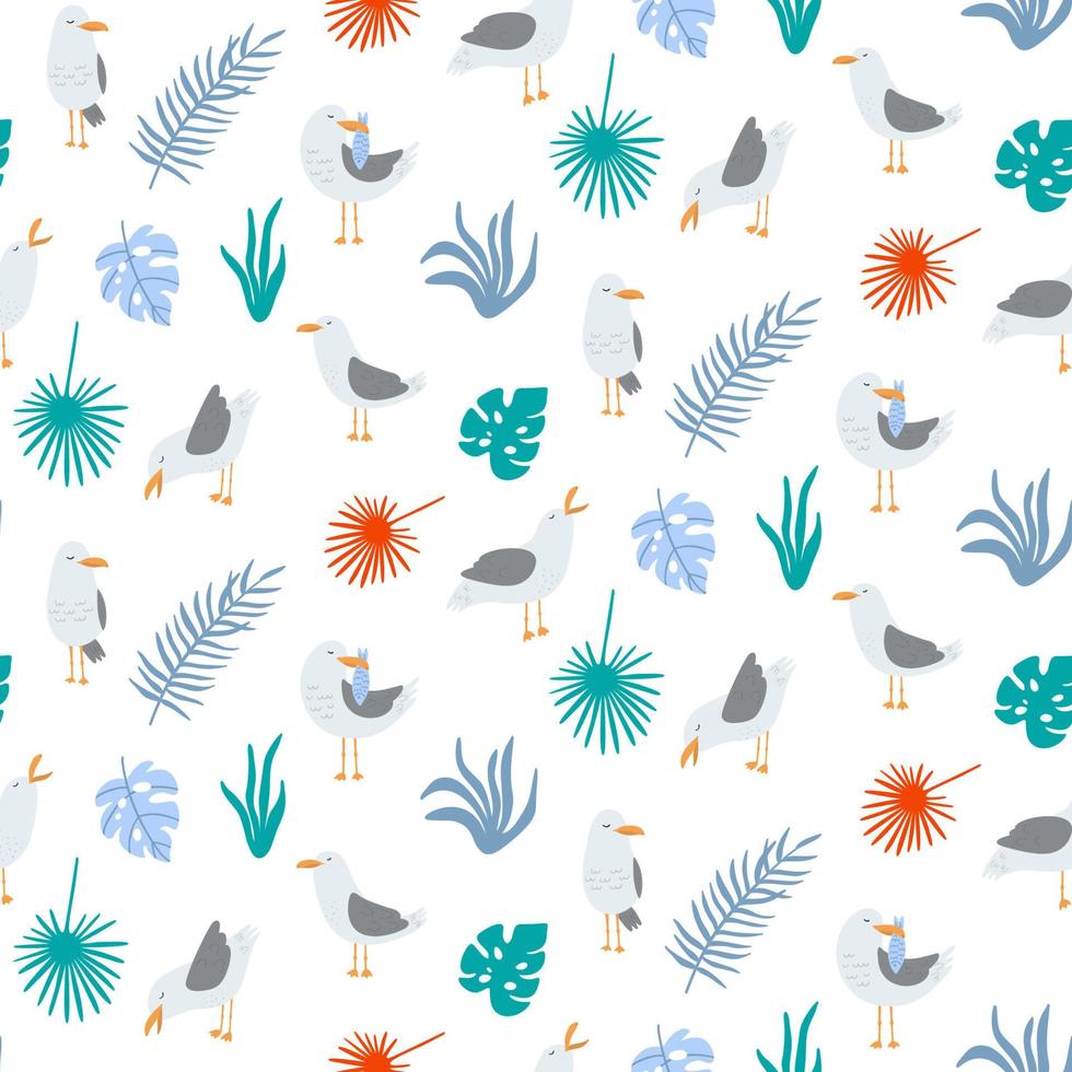 Summer seamless pattern with seagulls in vector. Cute cartoon seagulls and tropical leaves. Good for print. vector