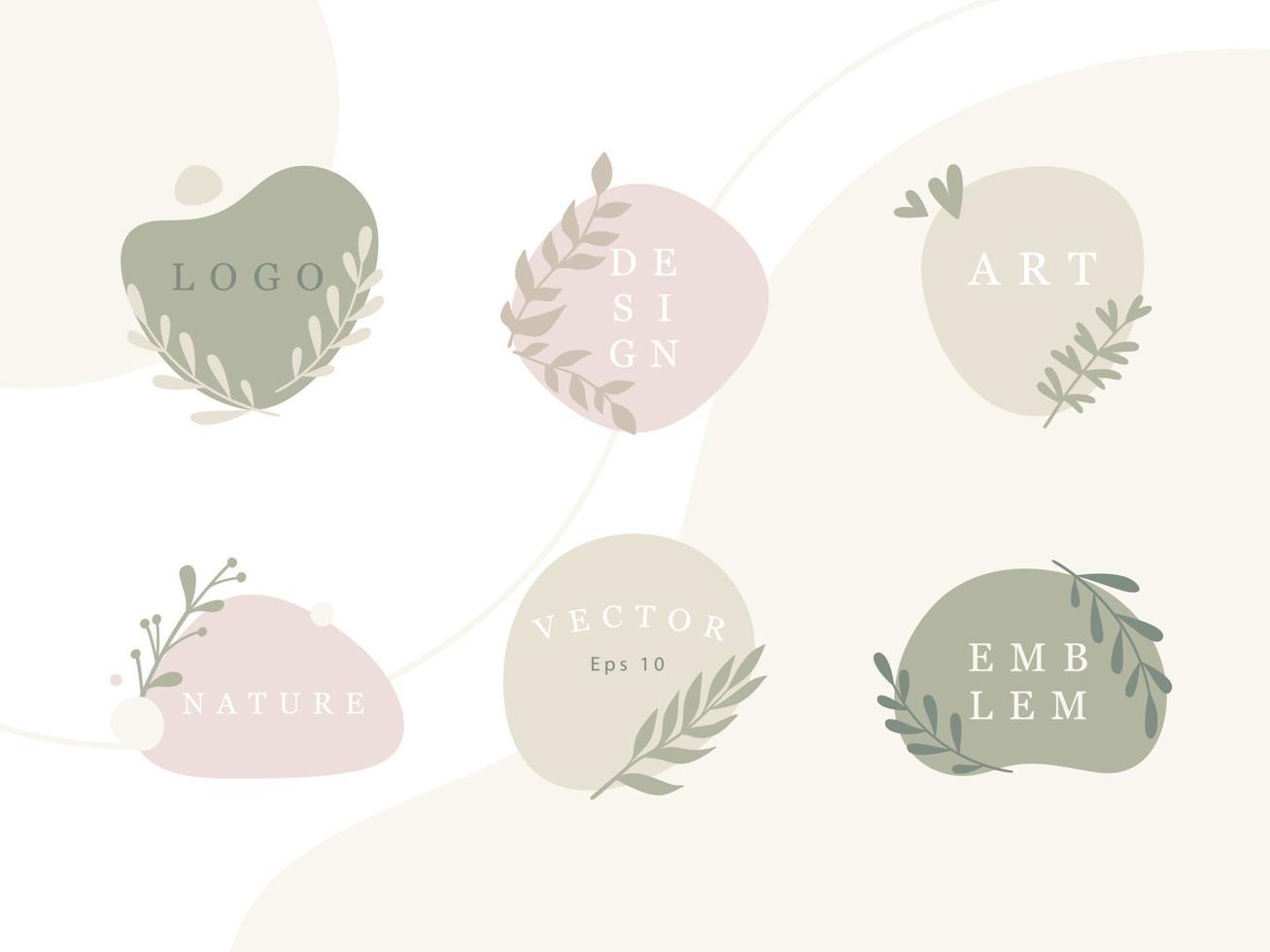 Set of minimal emblems with organic abstract shapes and leaves in pastel colors. vector