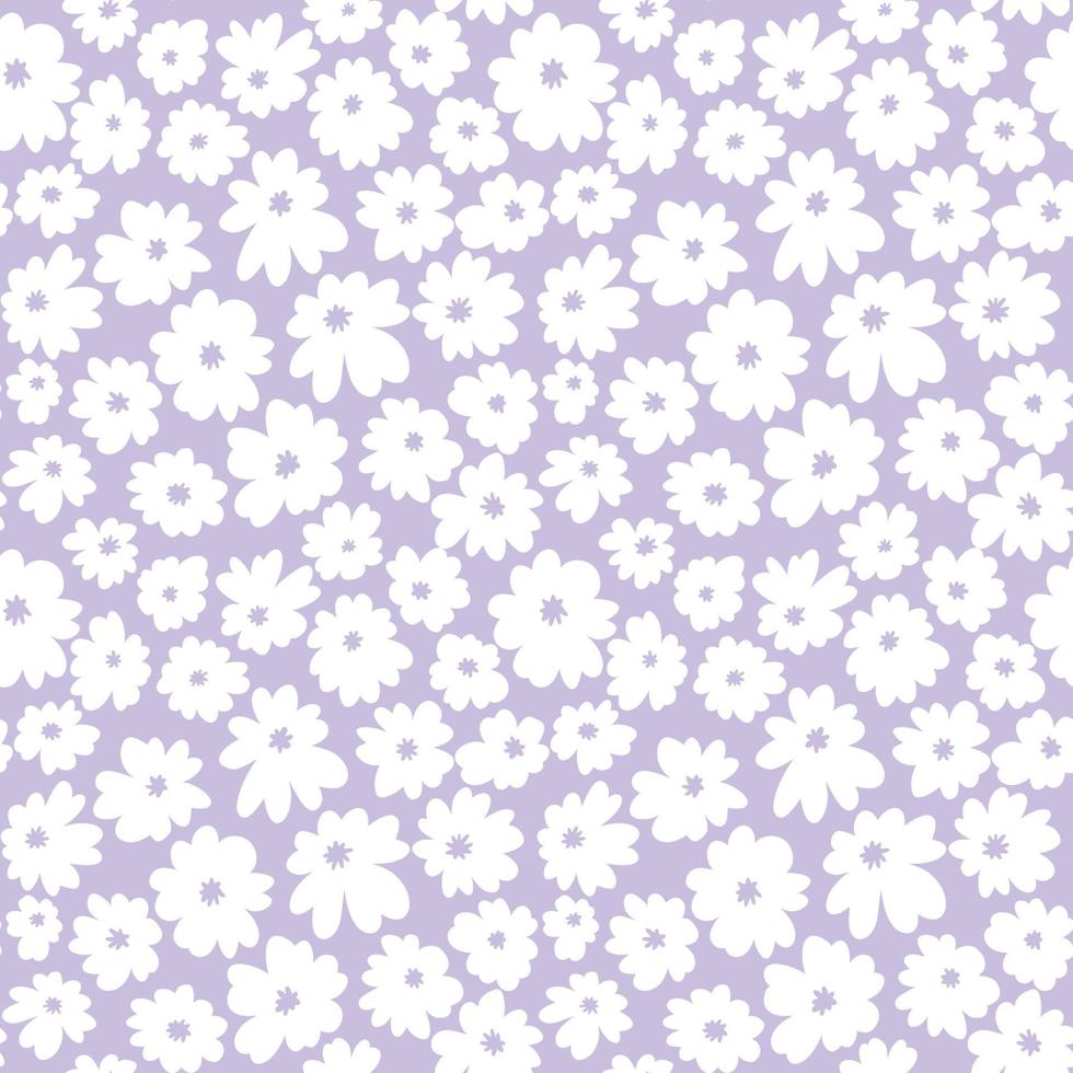 Hand drawn seamless with simple white daisy flower on lavender color background. vector