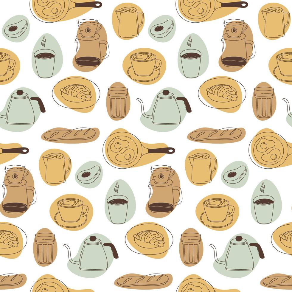 Breakfast seamless pattern with cappuccino, cups, coffee pot, milk, croissant, eggs, bread, avocado and abstract shapes. vector