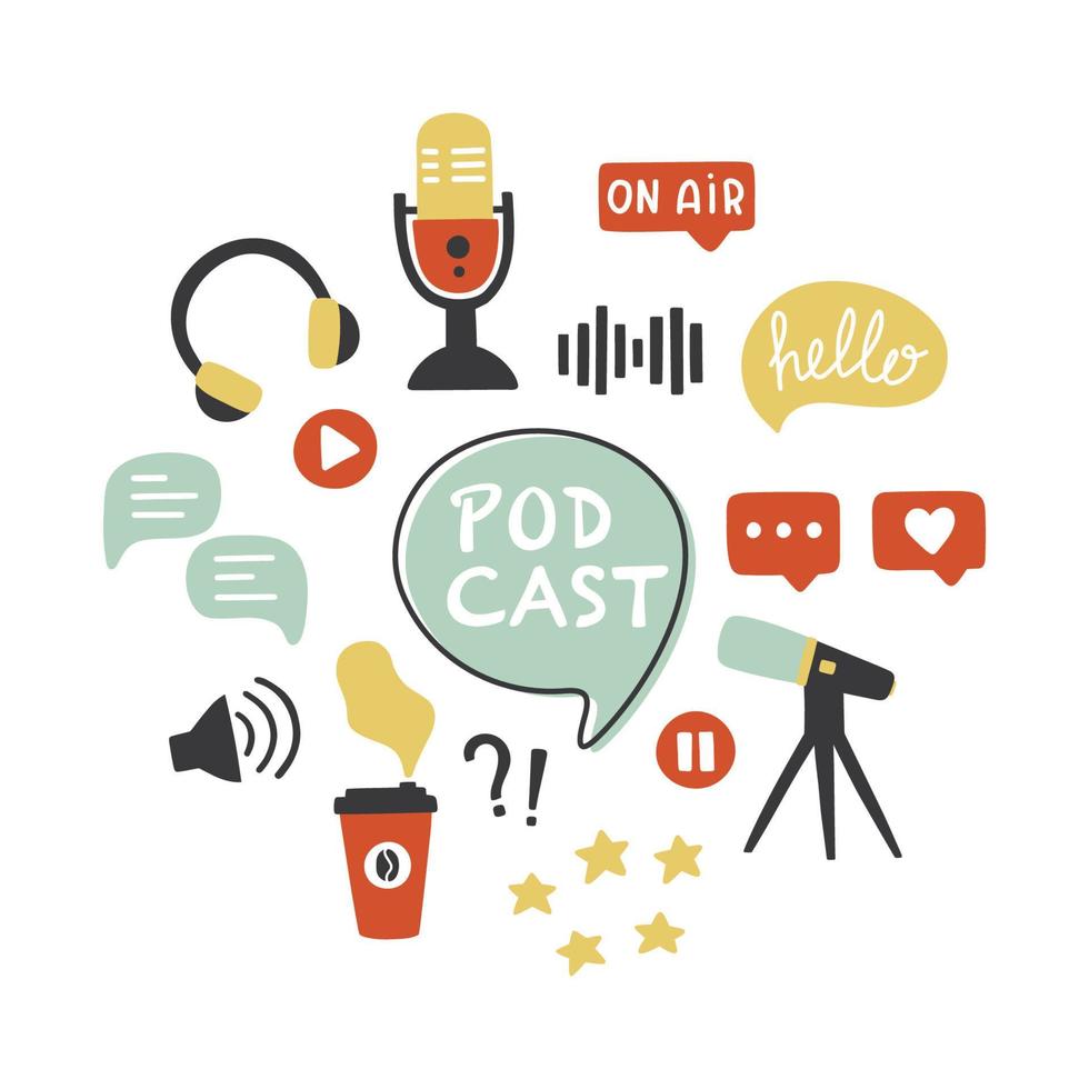 Podcast icons set. Podcasting symbols collection microphone, headphones, loudspeaker, speech bubbles, rating stars. vector