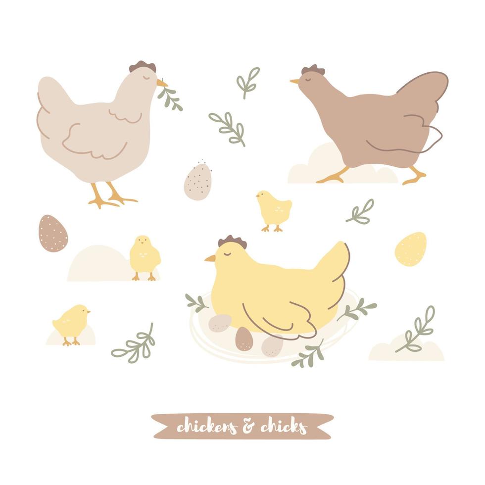 Vector hand-drawn Easter collection with chickens, chicks, easter eggs and leaves in scandinavian style.