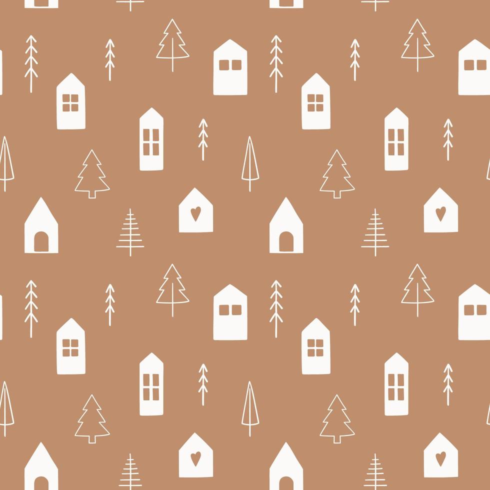 Winter seamless pattern with cute Christmas trees and houses. vector