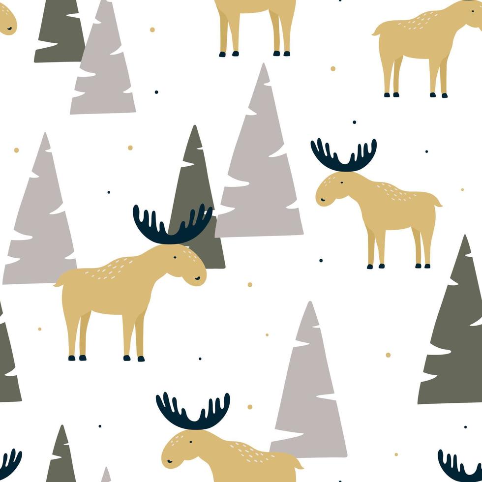 Hand drawn seamless pattern with funny elk in a wood. 8285784 Vector