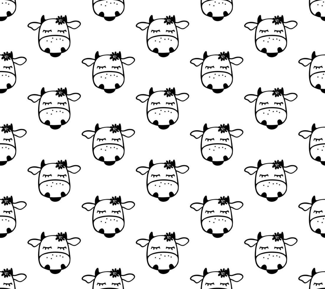 Doodle cartoon seamless pattern with cows. vector