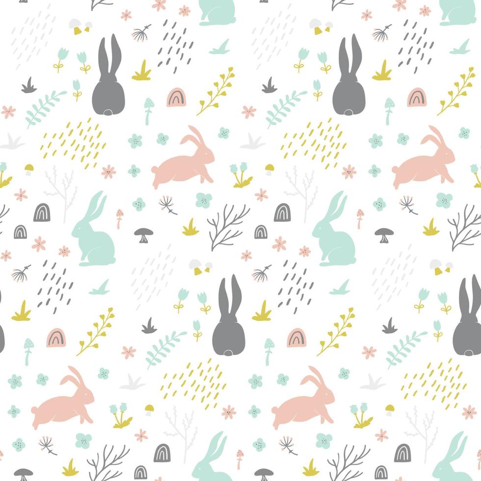 Childish seamless pattern with bunny, hand drawn shapes ,forest and floral elements. vector