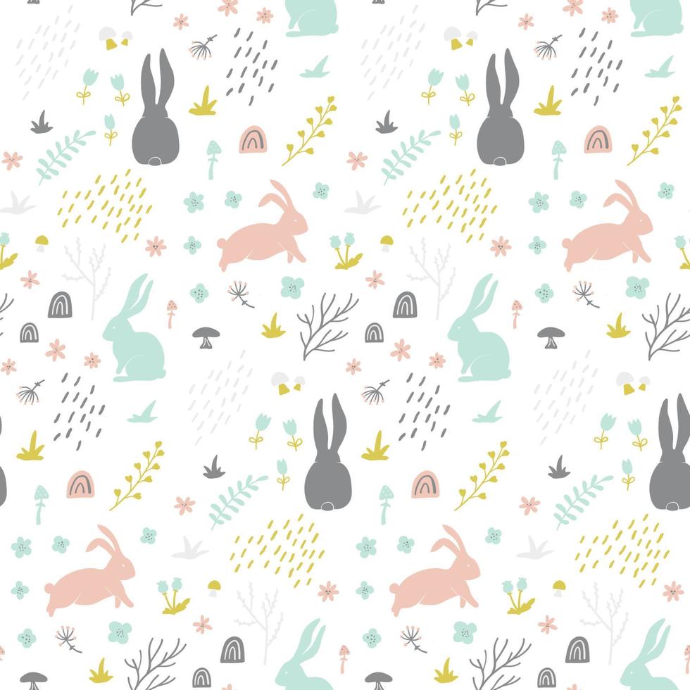 Childish seamless pattern with bunny, hand drawn shapes ,forest and floral elements. vector