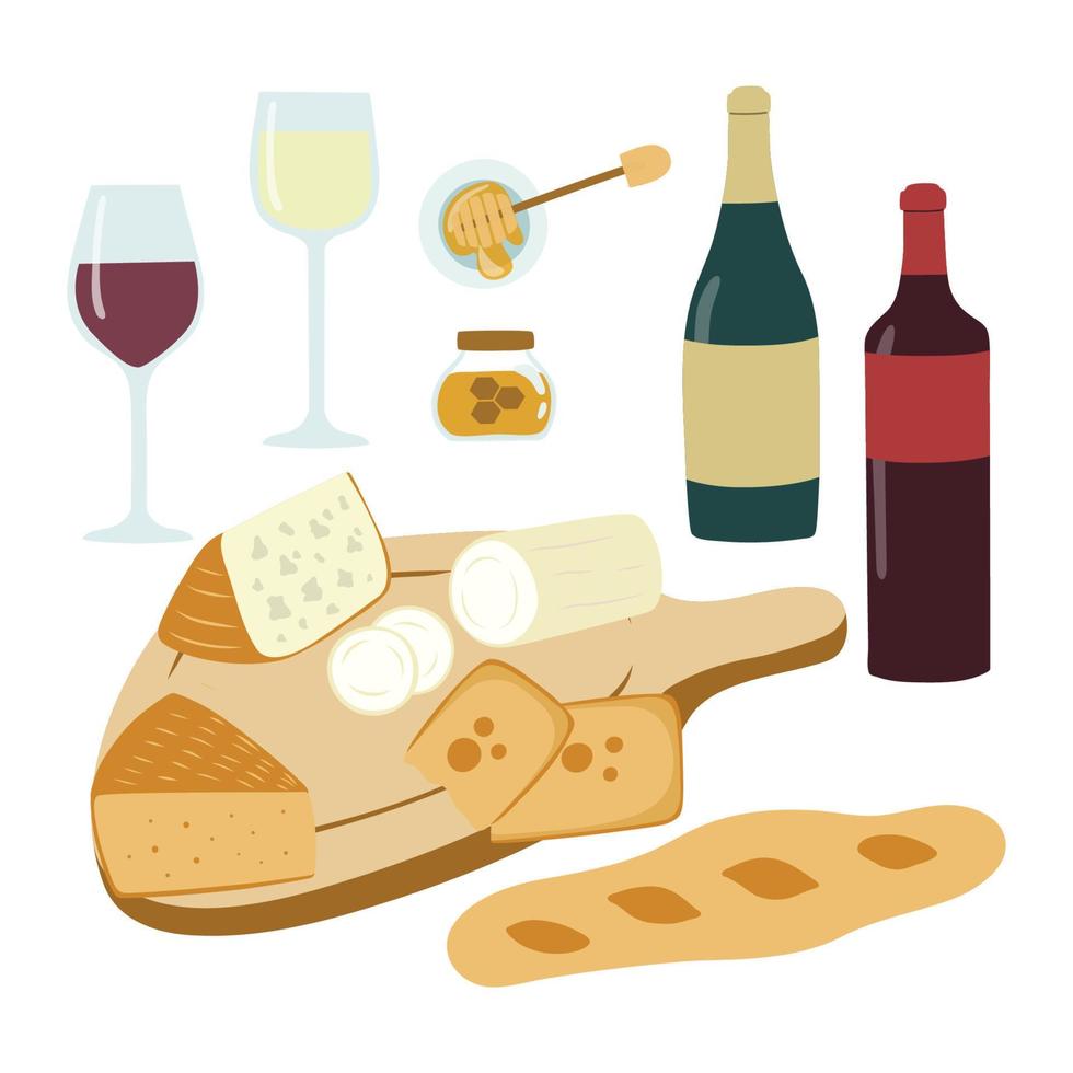 conjunto de ilustraciones dibujadas a mano de vino y queso. colección gourmet. imágenes prediseñadas vectoriales. vector