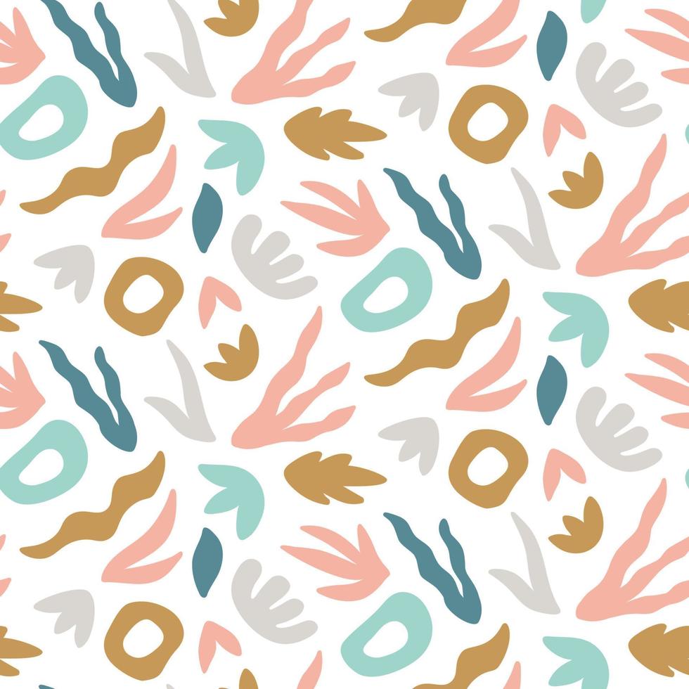 Abstract seamless pattern. Trendy print with hand drawn leaves and shapes. vector