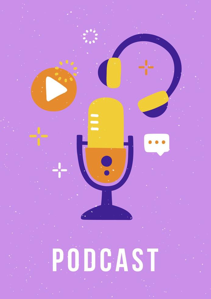 Trendy cover for a podcast blog. Studio microphone, stereo headphones and play button. vector