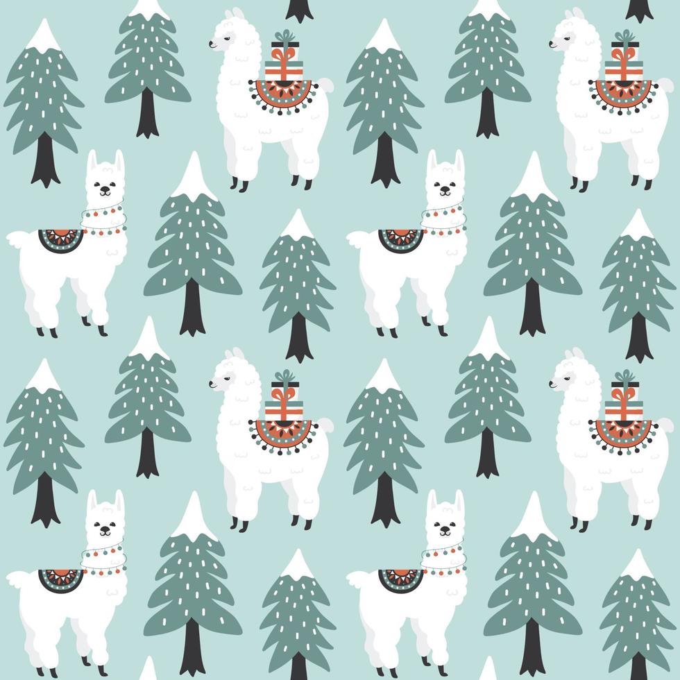 Christmas tree and cute lama with gift boxes seamless pattern. vector