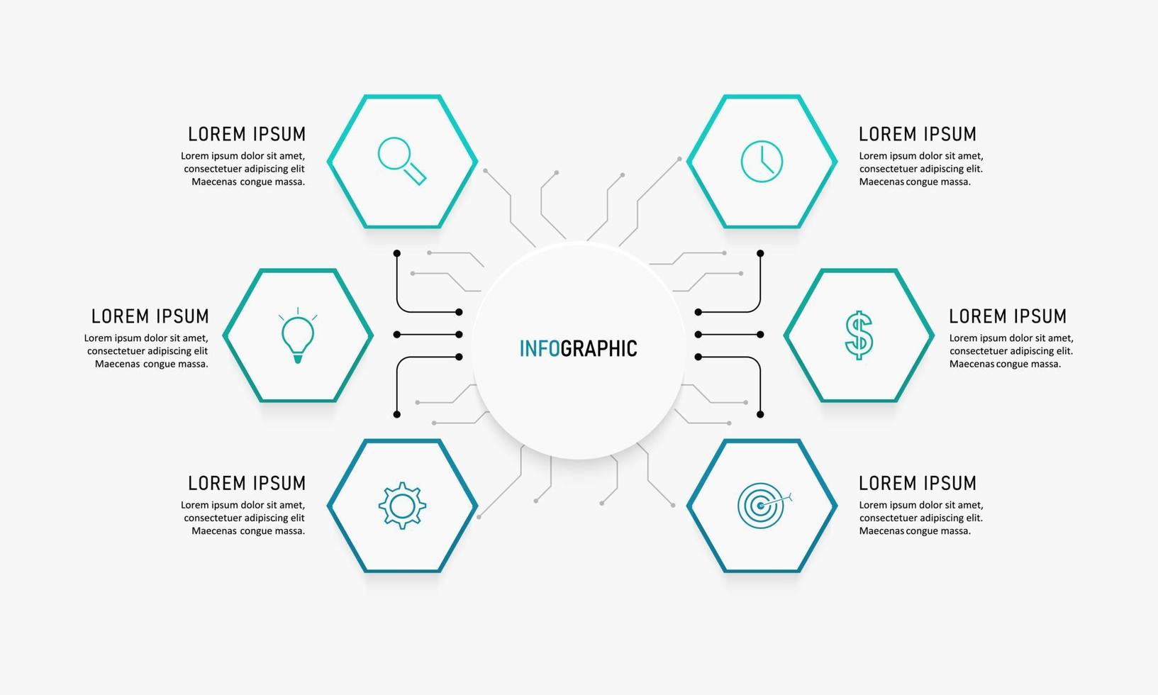 plantilla de diseño de etiquetas infográficas vectoriales con iconos y 6 opciones o pasos. se puede utilizar para diagramas de proceso, presentaciones, diseño de flujo de trabajo, banner, diagrama de flujo, gráfico de información. vector