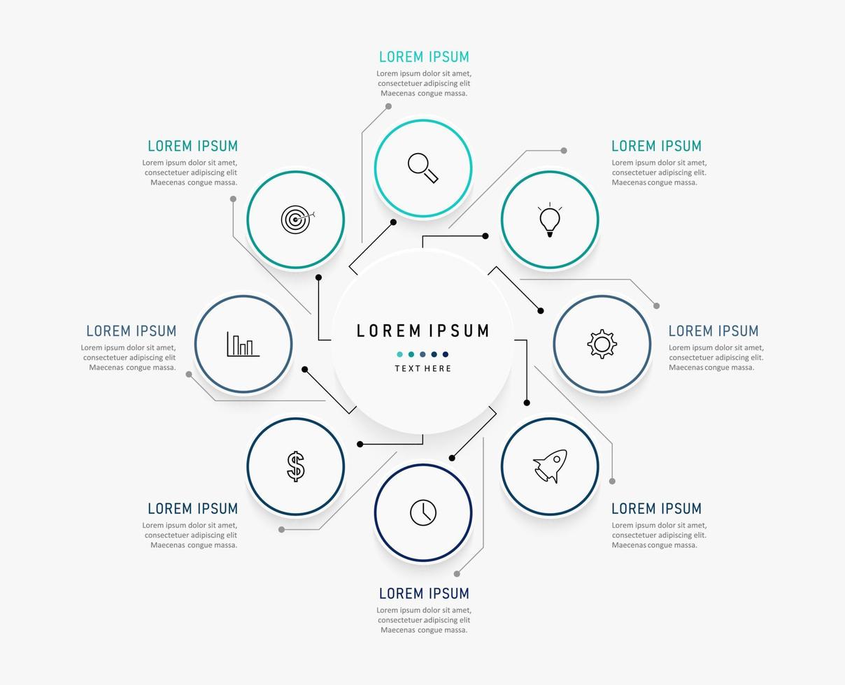 plantilla de diseño de etiquetas infográficas vectoriales con iconos y 8 opciones o pasos. se puede utilizar para diagramas de proceso, presentaciones, diseño de flujo de trabajo, banner, diagrama de flujo, gráfico de información. vector