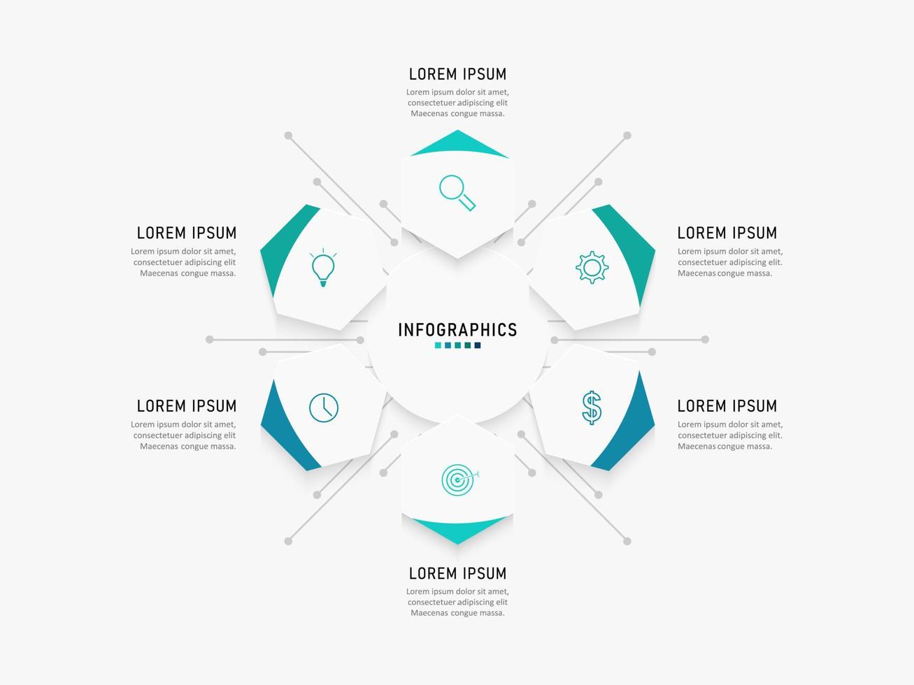 plantilla de diseño de etiquetas infográficas vectoriales con iconos y 6 opciones o pasos. se puede utilizar para diagramas de proceso, presentaciones, diseño de flujo de trabajo, banner, diagrama de flujo, gráfico de información. vector