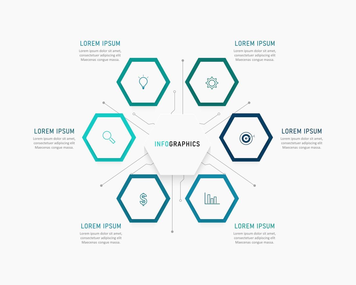 plantilla de diseño de etiquetas infográficas vectoriales con iconos y 6 opciones o pasos. se puede utilizar para diagramas de proceso, presentaciones, diseño de flujo de trabajo, banner, diagrama de flujo, gráfico de información. vector