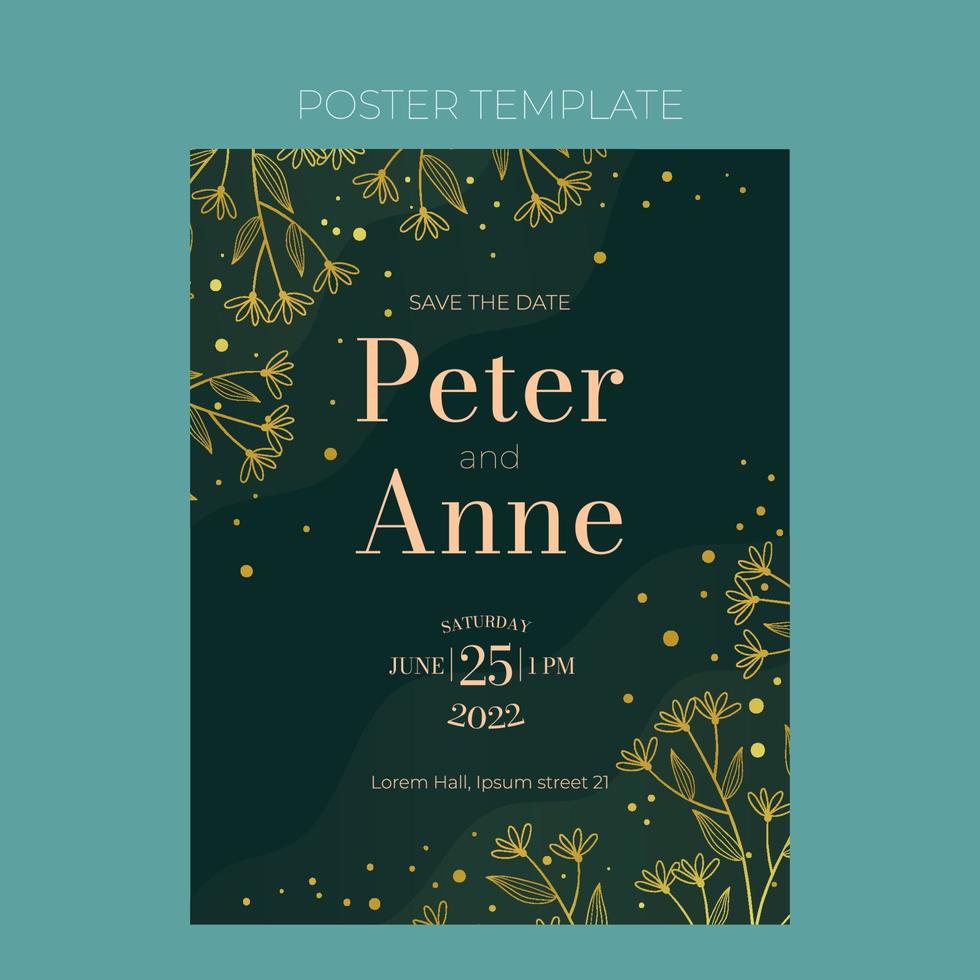 Floral wedding invite template in elegant golden style, invitation card design with gold flowers with leaves, dots. Decorative frame pattern and wreath. Vector  decoration on rich green background.