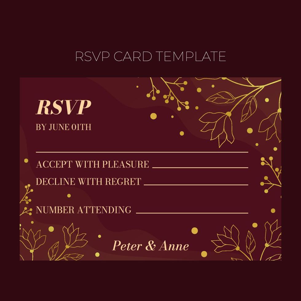 Floral wedding RSVP template in elegant golden style, invitation card design with gold flowers with leaves, dots and berries. Vector decorative frame  on rich red background.
