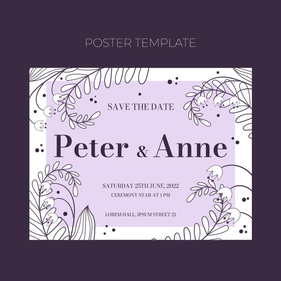 Floral wedding invite template in hand drawn doodle style, invitation card design with line flowers, leaves, fern and dots. Vector decorative frame on white and lilac background.