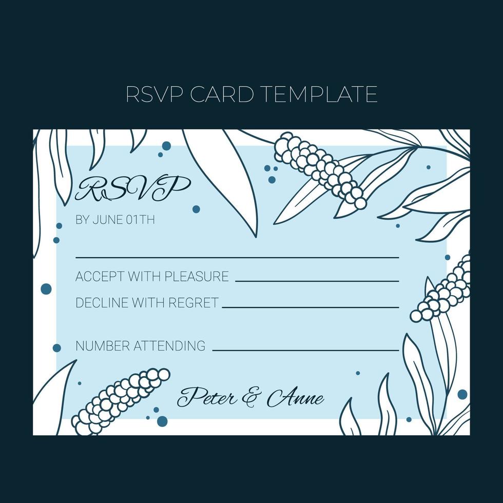 Floral wedding RSVP template in hand drawn doodle style, invitation card design with line flowers and leaves, dots. Vector decorative frame on white and blue background.
