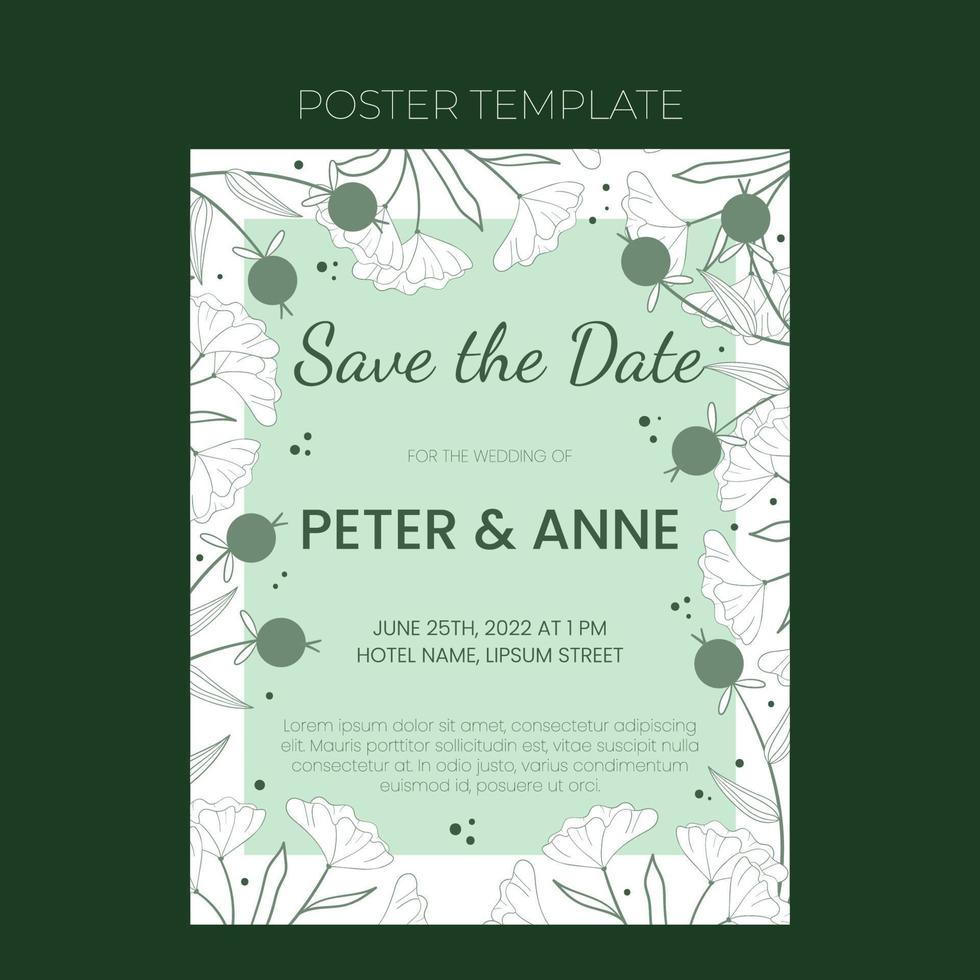 plantilla de invitación de boda floral en estilo de garabato dibujado a mano, diseño de tarjeta de invitación con flores y hojas de línea, puntos. marco decorativo vectorial sobre fondo blanco y verde. vector