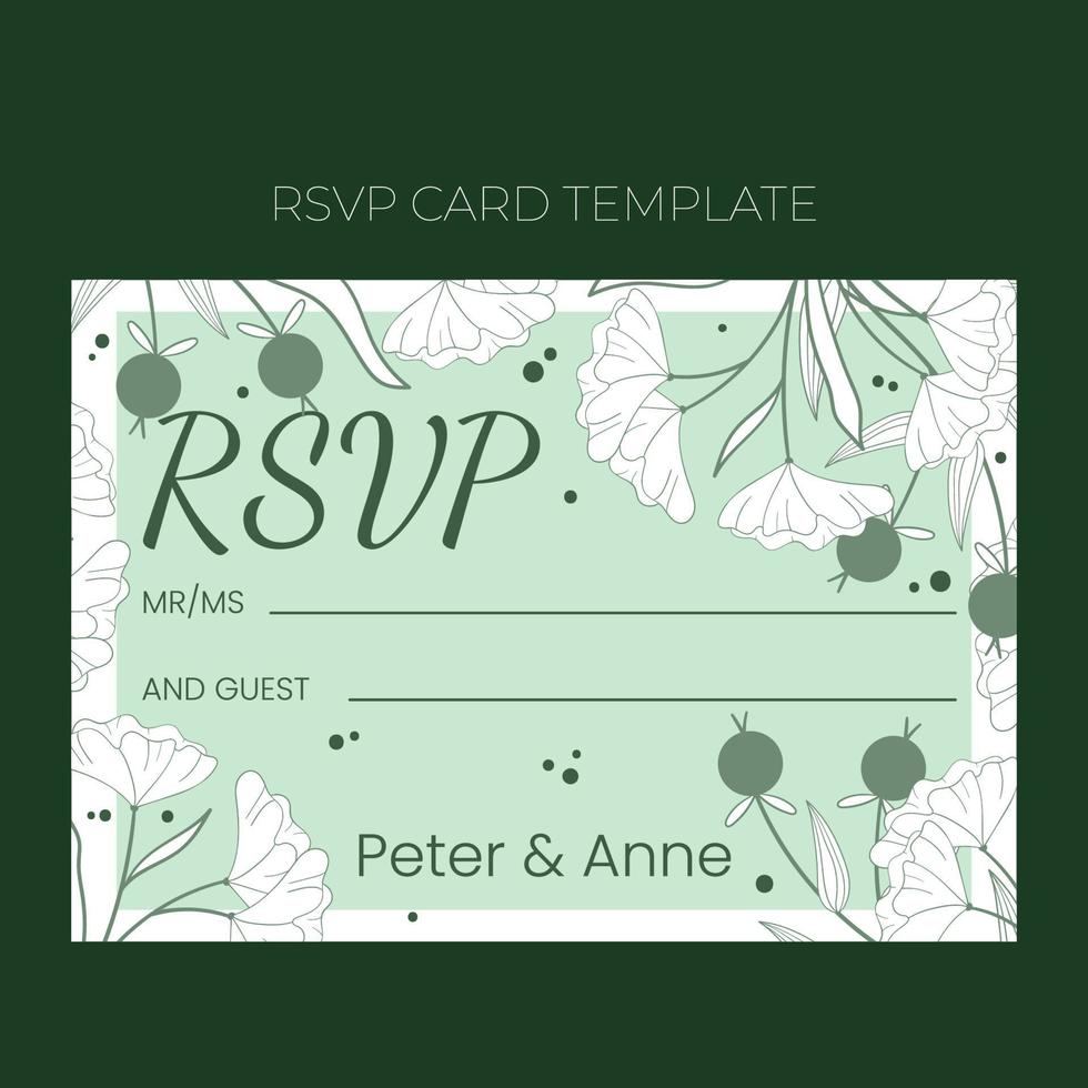 Floral wedding RSVP template in hand drawn doodle style, invitation card design with line flowers and leaves, dots. Vector decorative frame on white and green background.