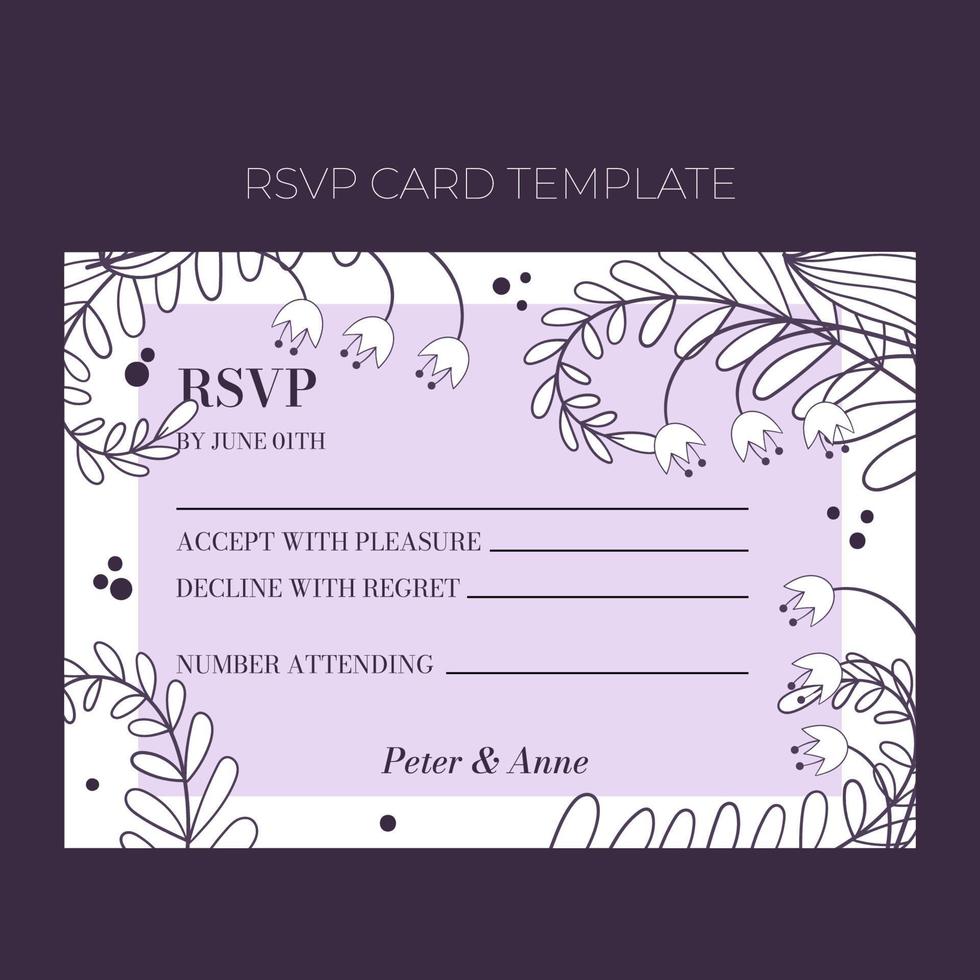 plantilla de rsvp de boda floral en estilo de garabato dibujado a mano, diseño de tarjeta de invitación con flores de línea, hojas, helechos y puntos. marco decorativo vectorial sobre fondo blanco y lila. vector