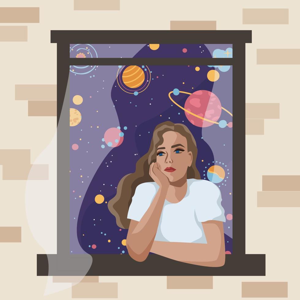 A woman looks thoughtfully out of the window. Space in mind. The concept of loneliness, harmony, self-knowledge. vector