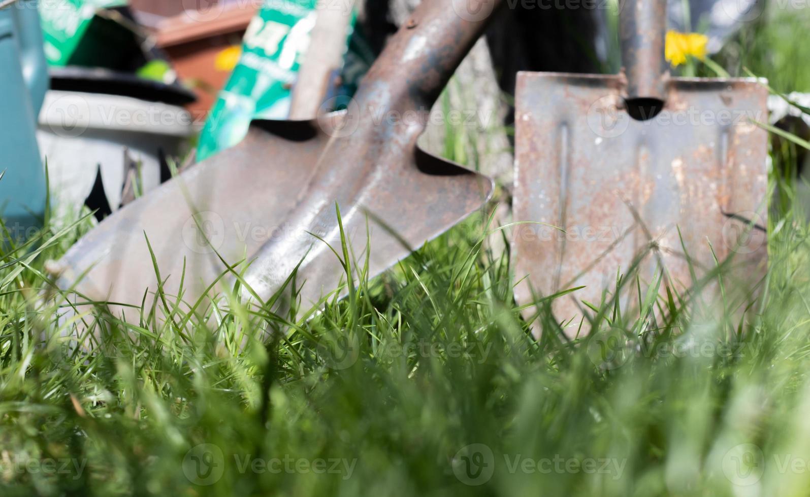 Herramientas de jardinería. herramientas de jardín en el fondo de un jardín de hierba verde. herramienta de trabajo de verano. dos palas apiladas en el jardín exterior. el concepto de herramientas de jardinería. foto