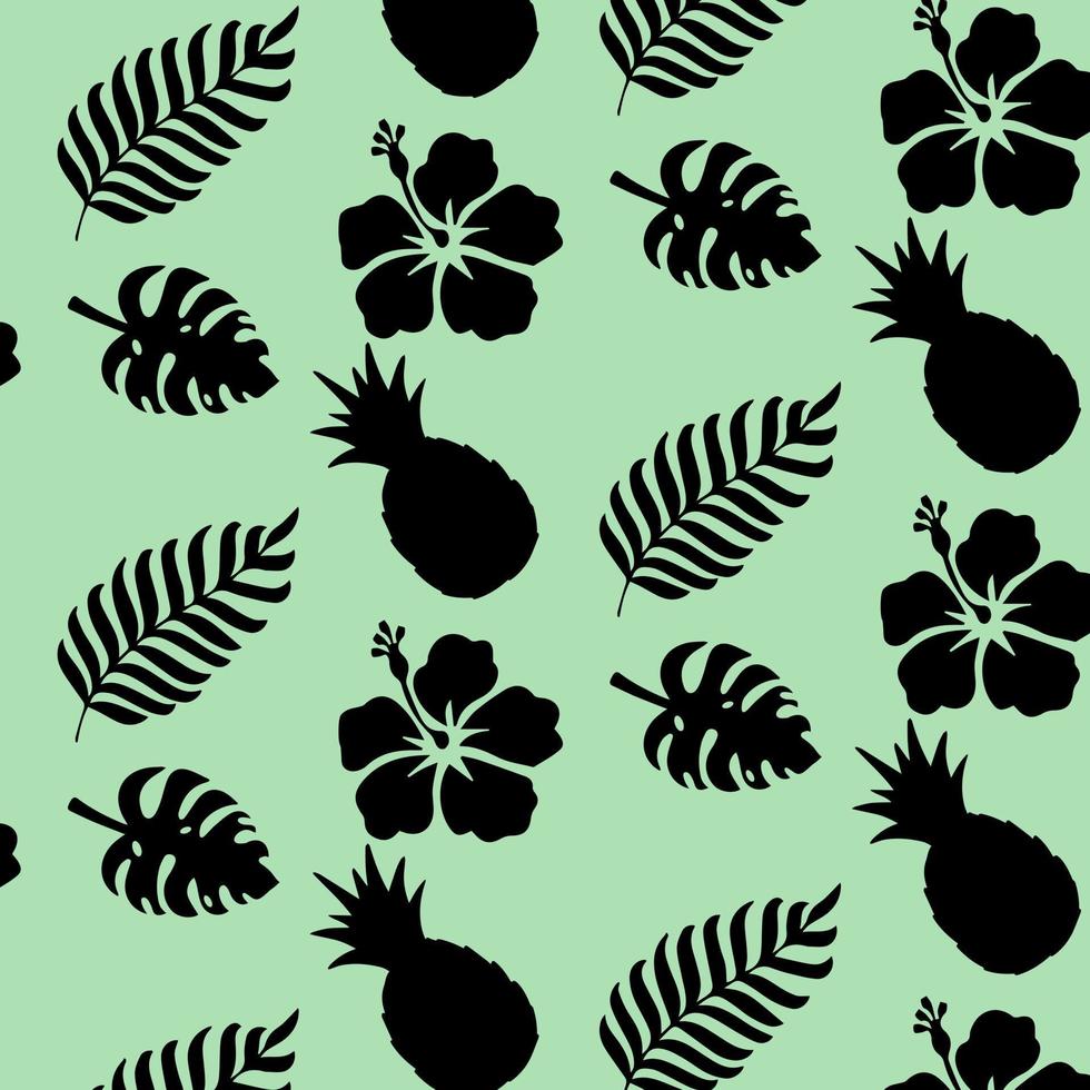 Pineapples with palm leaves and flowers. Pattern. Vector illustration.