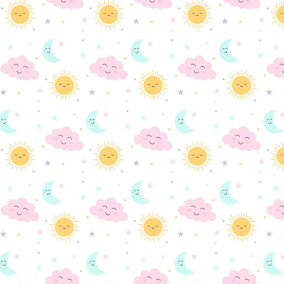 Seamless vector design with moon, sun, stars and clouds. Children's illustration. Vector.