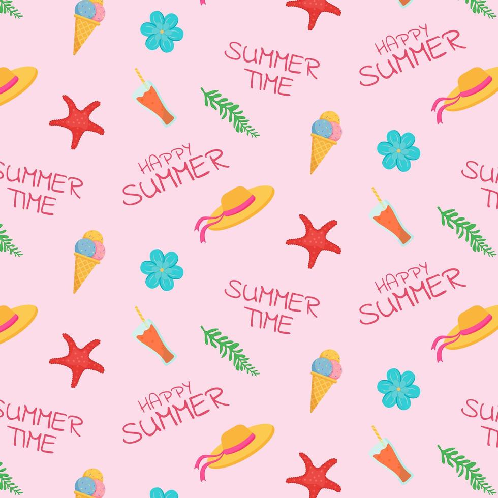 Summer pattern. Cute ice cream, juice, starfish, beach hat. Vector illustration.