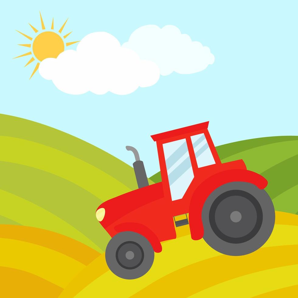 The tractor cultivates the land in the field. Vector illustration.