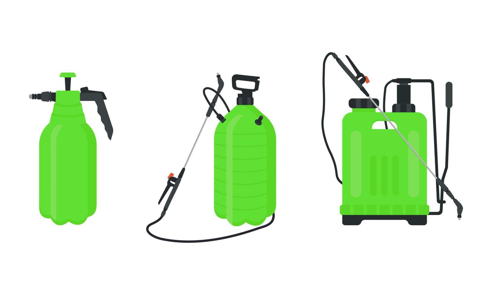 Set of garden manual plastic sprayers, manual and knapsack. To control weeds and garden pests. Vector illustration