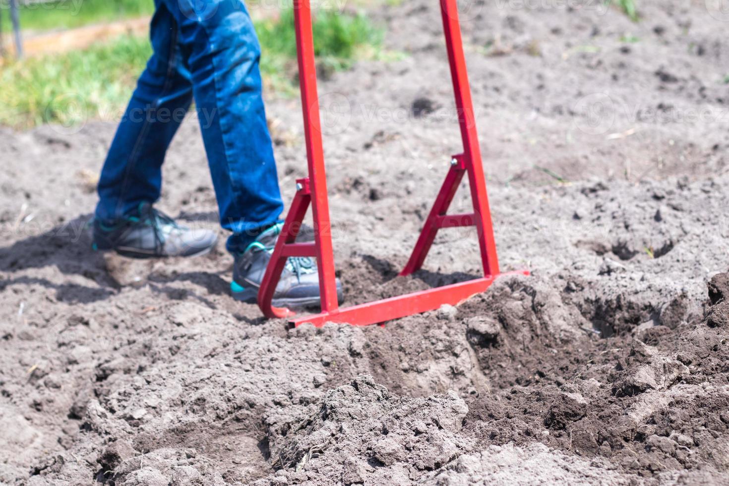 A farmer in jeans digs the ground with a red fork-shaped shovel. A miracle shovel, a handy tool. Manual cultivator. The cultivator is an efficient hand tool for tillage. Loosening the bed. photo