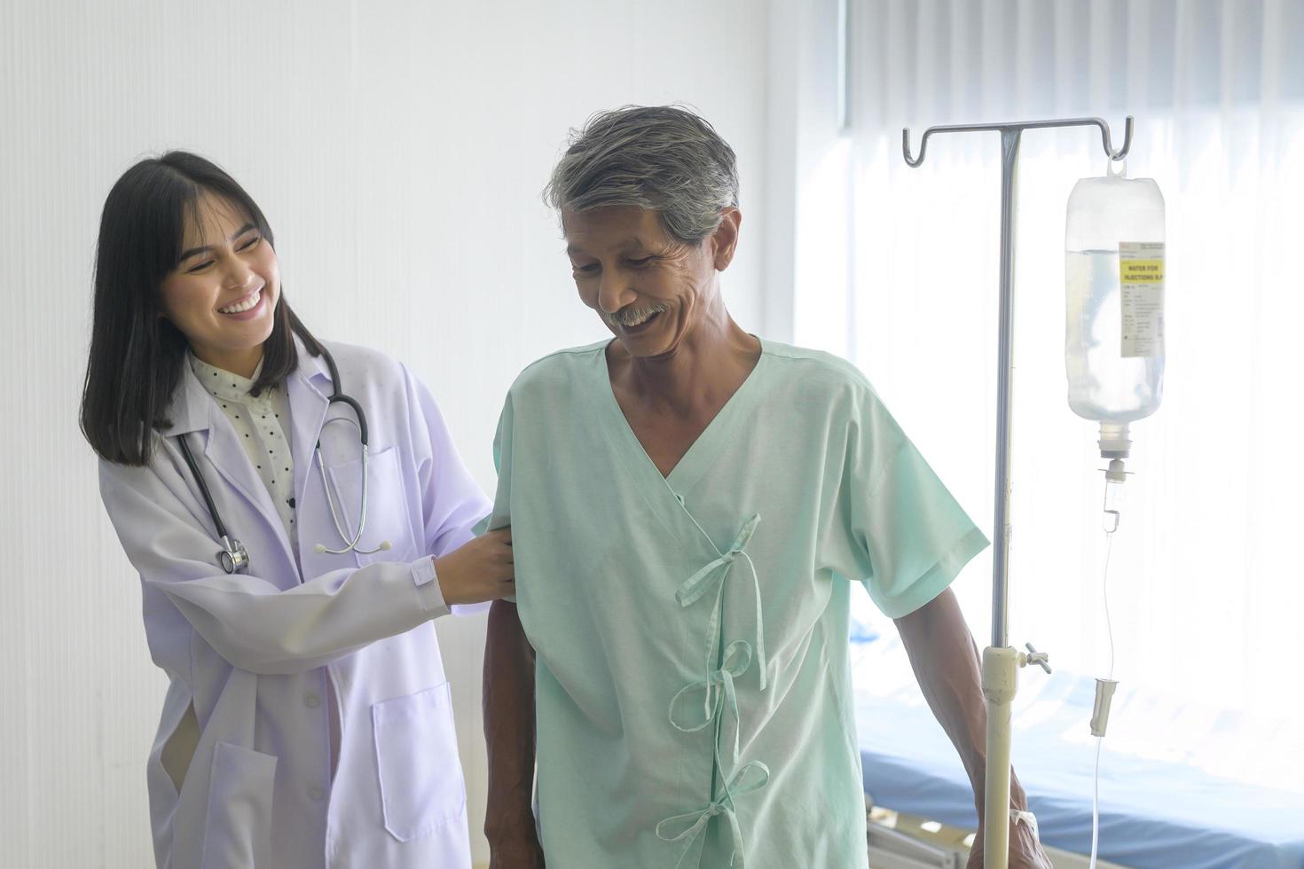 Doctor is helping patient senior man with walker at hospital, health care and medical concept photo