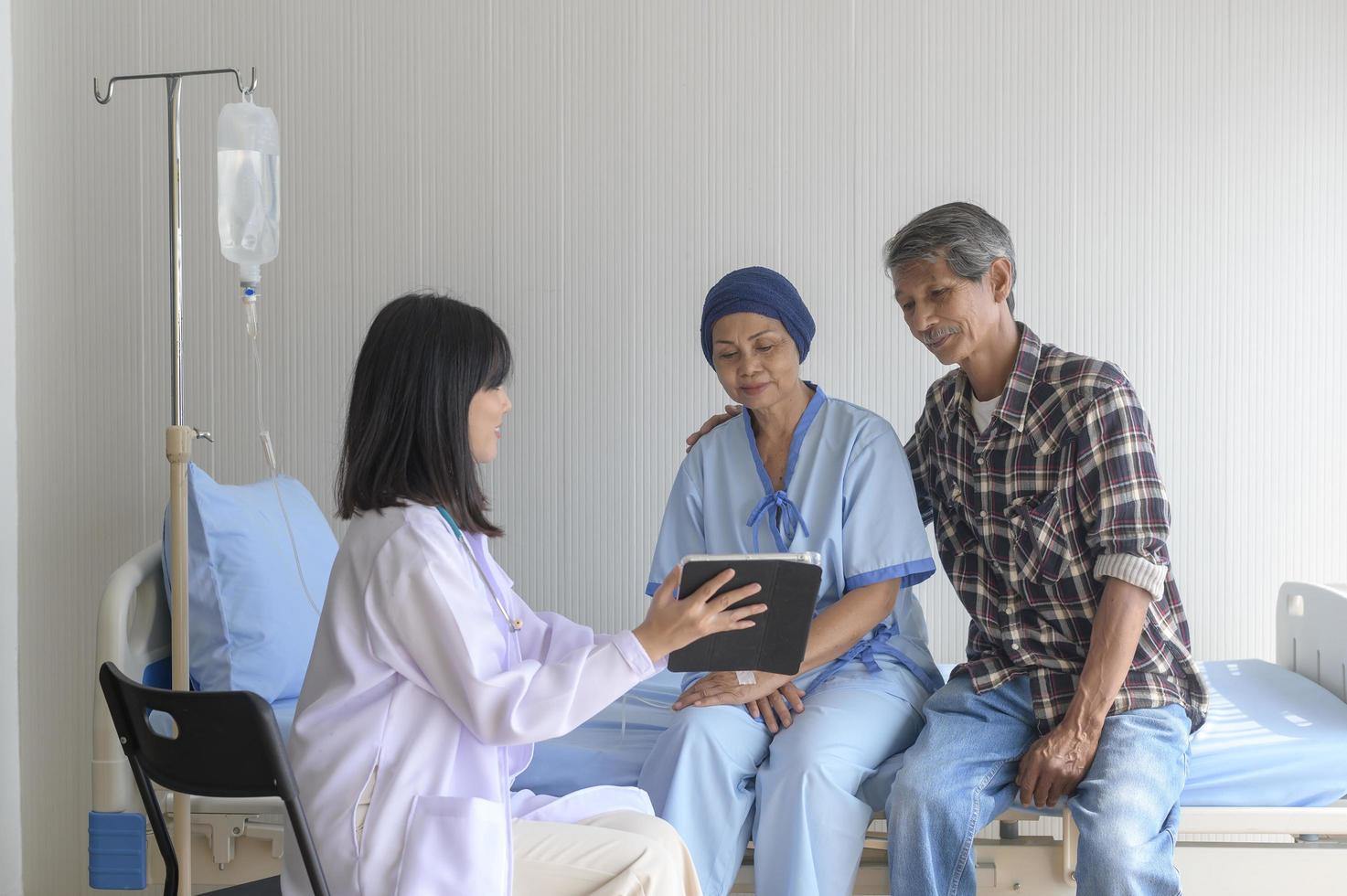 Cancer patient woman wearing head scarf after chemotherapy consulting and visiting doctor in hospital.. photo