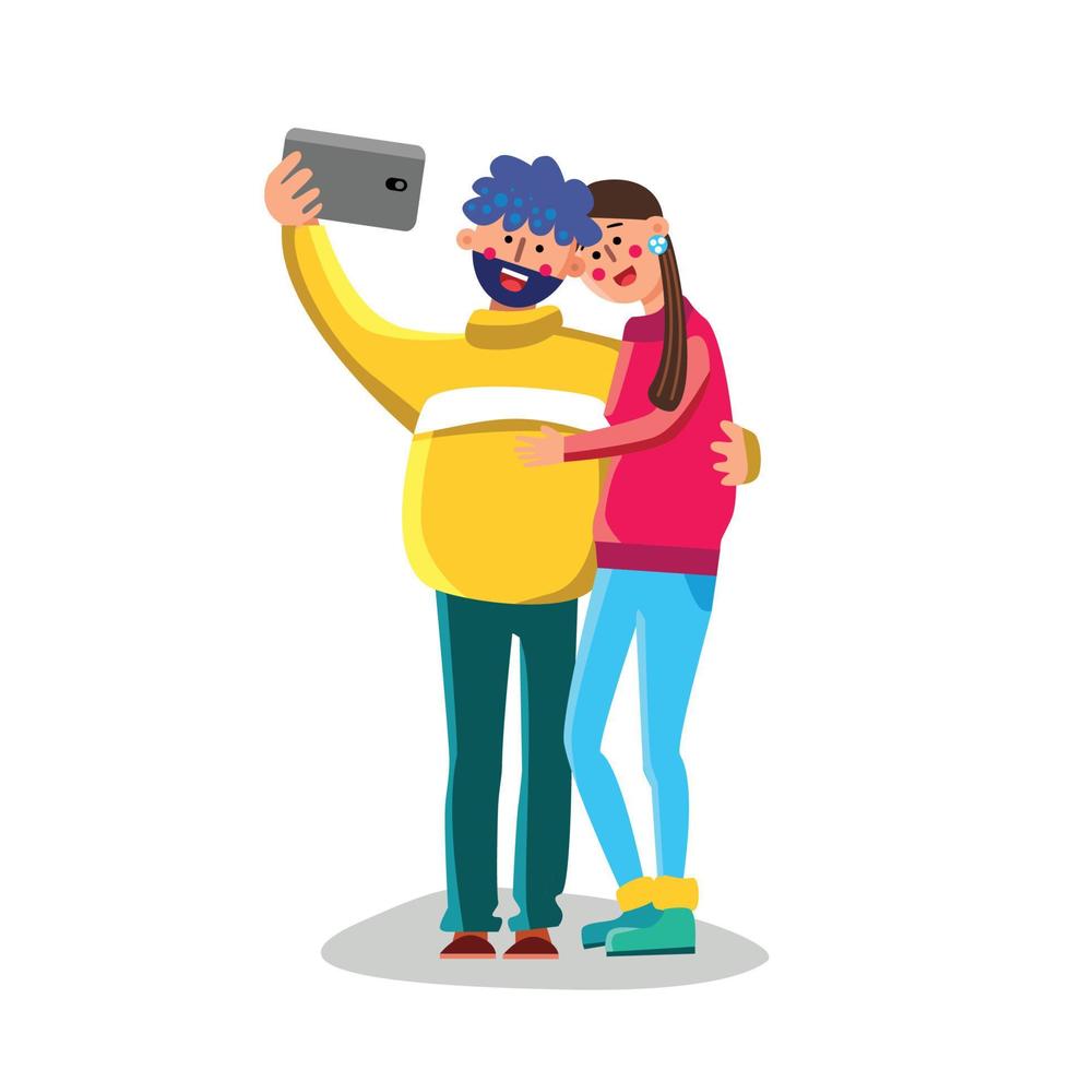 Couple Make Selfie Photo On Smartphone Vector