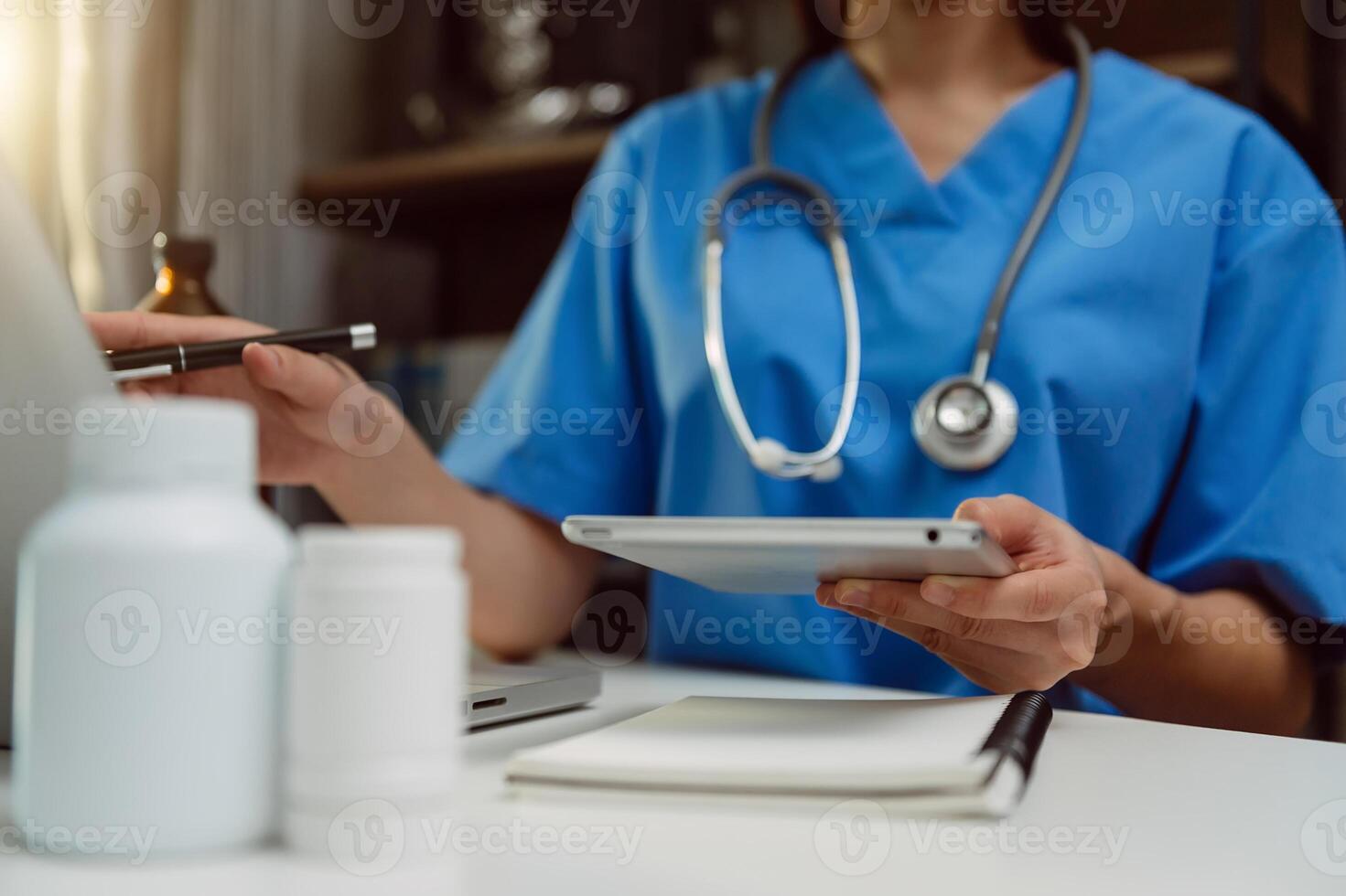 Medicine doctor hand working with modern digital tablet computer interface as medical network photo